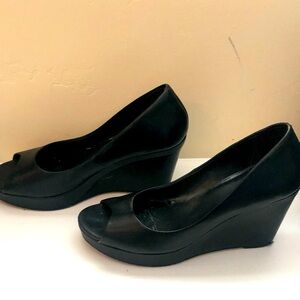 Coach black leather wedge heels
